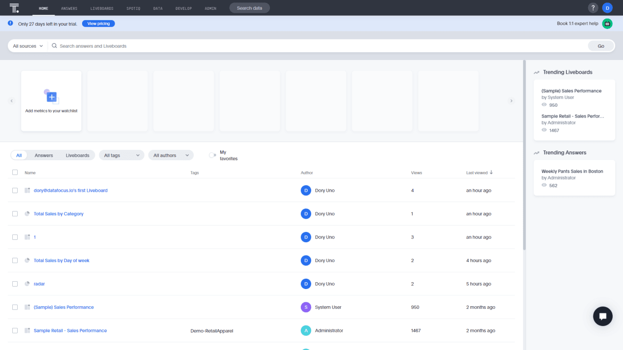 Figure 2-2 Home page - ThoughtSpot